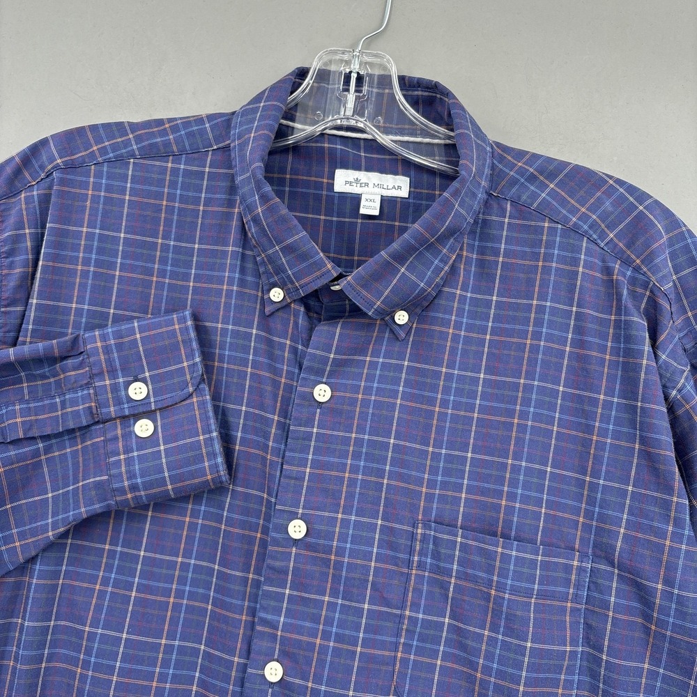 Peter Millar Shirt Mens 2XL Navy Blue Plaid Button Down Long Sleeve Stretch XXL